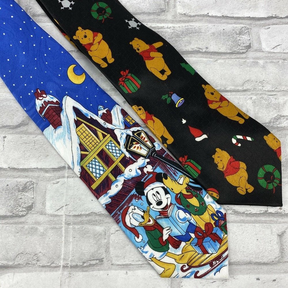 Christmas Ties Lot Of 2 Mickey Mouse Carolers Winnie The Pooh Wreaths Ornaments